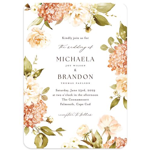 Elegant Peonies and Hydrangeas Wedding Invitations Terracotta Signature Blank No Rounded