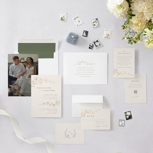 Graceful Botanical Foil Wedding Invitations Greenery Gold Signature Blank No Standard