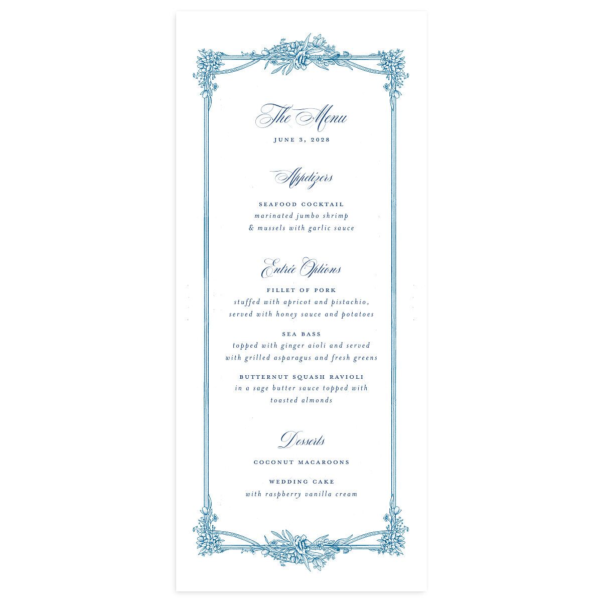 Elegant Antique Toile Frame Menus by Bridgerton
