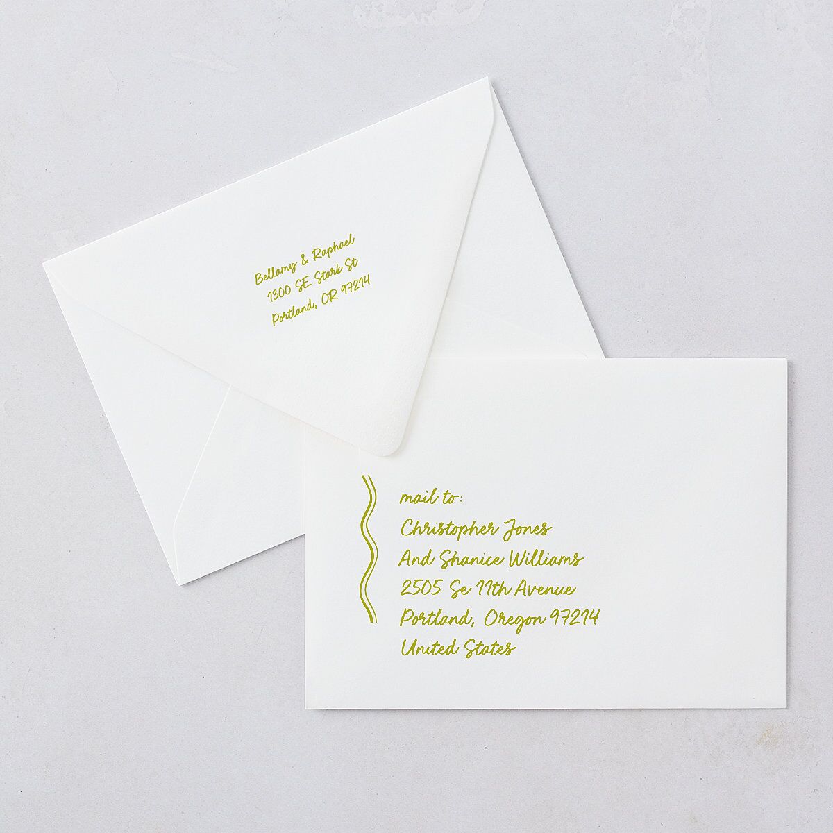 Modern Hand Drawn Wavy Frame Wedding Invitation Euro Envelopes White Chartreuse Both Recipient and Return Addresses Luxe Signature