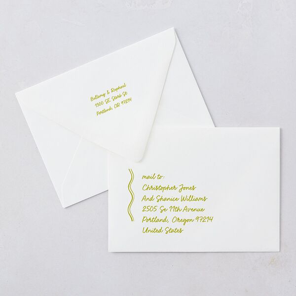 Modern Hand Drawn Wavy Frame Wedding Invitation Euro Envelopes White Chartreuse Both Recipient and Return Addresses Luxe Signature