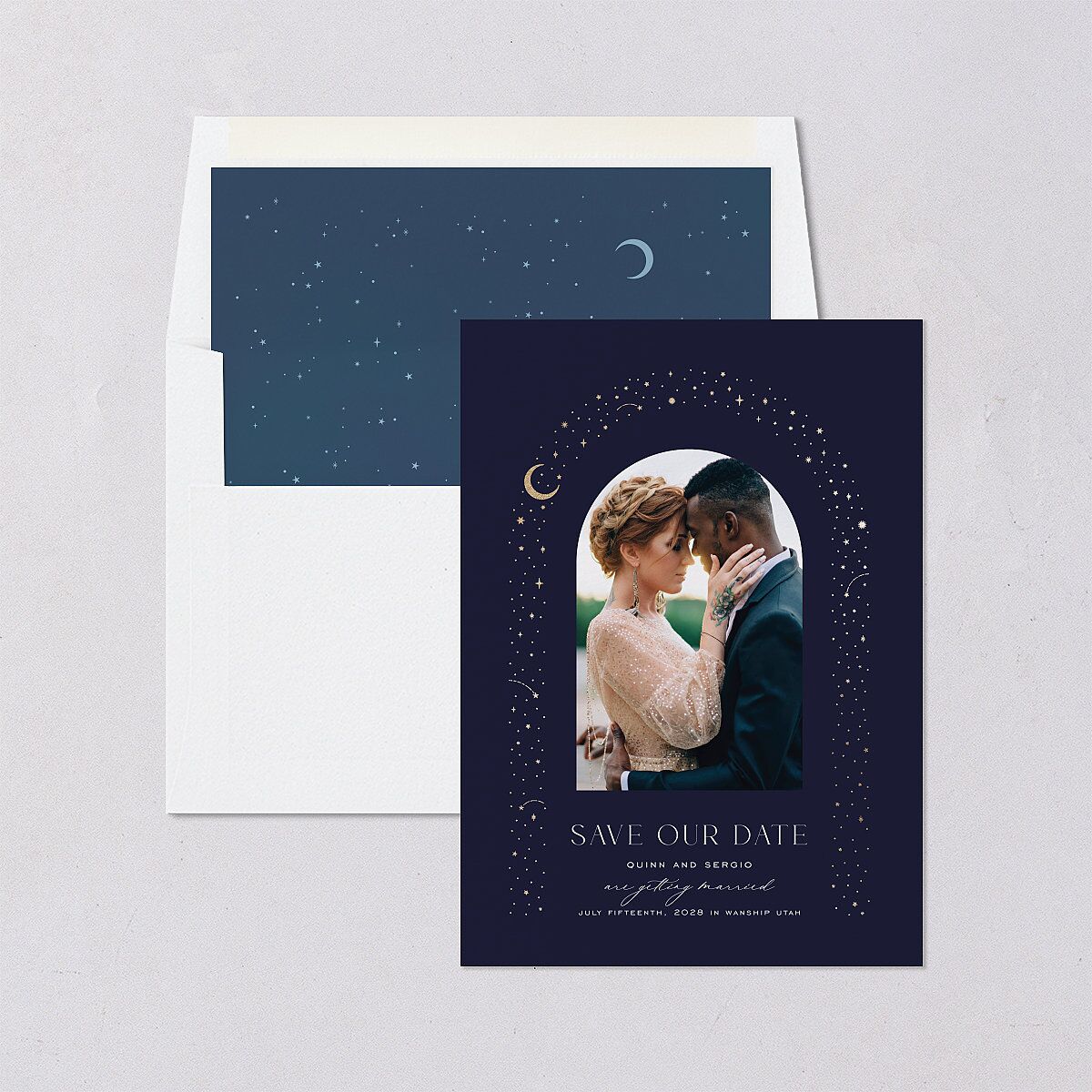 Celestial Arch Save The Date Cards Gold Navy Signature smooth Blank No Standard
