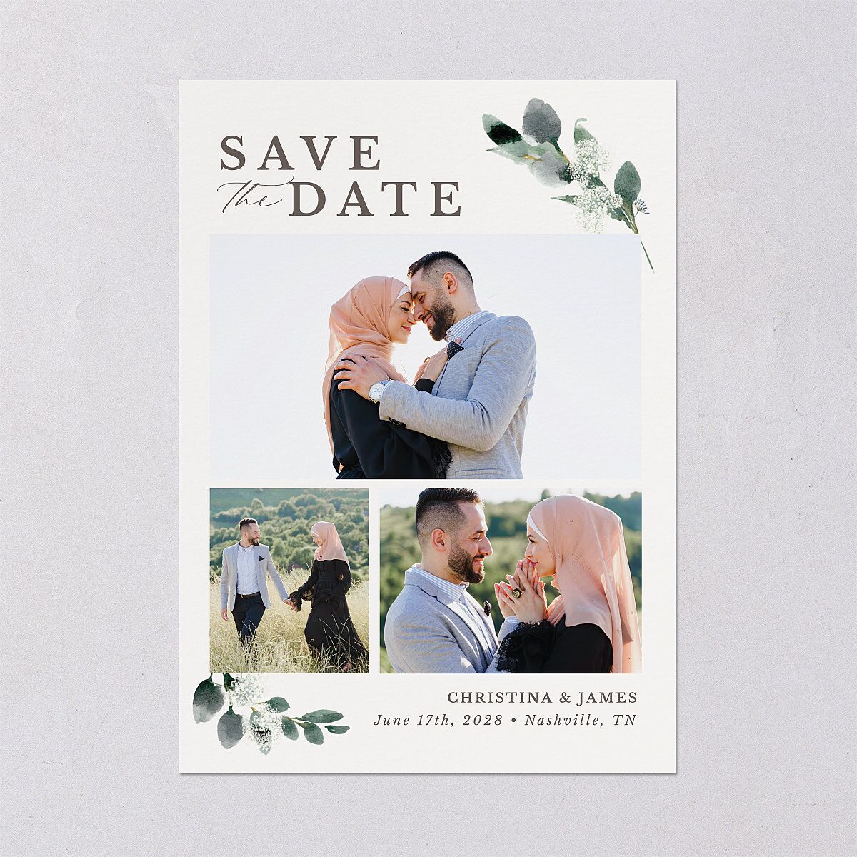 Greenery Accent Save the Date Cards Ivory Signature smooth Blank No Standard