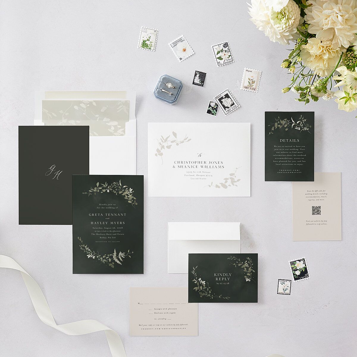 Twilight Greenery Wedding Invitations Dark Emerald Signature Blank No Standard