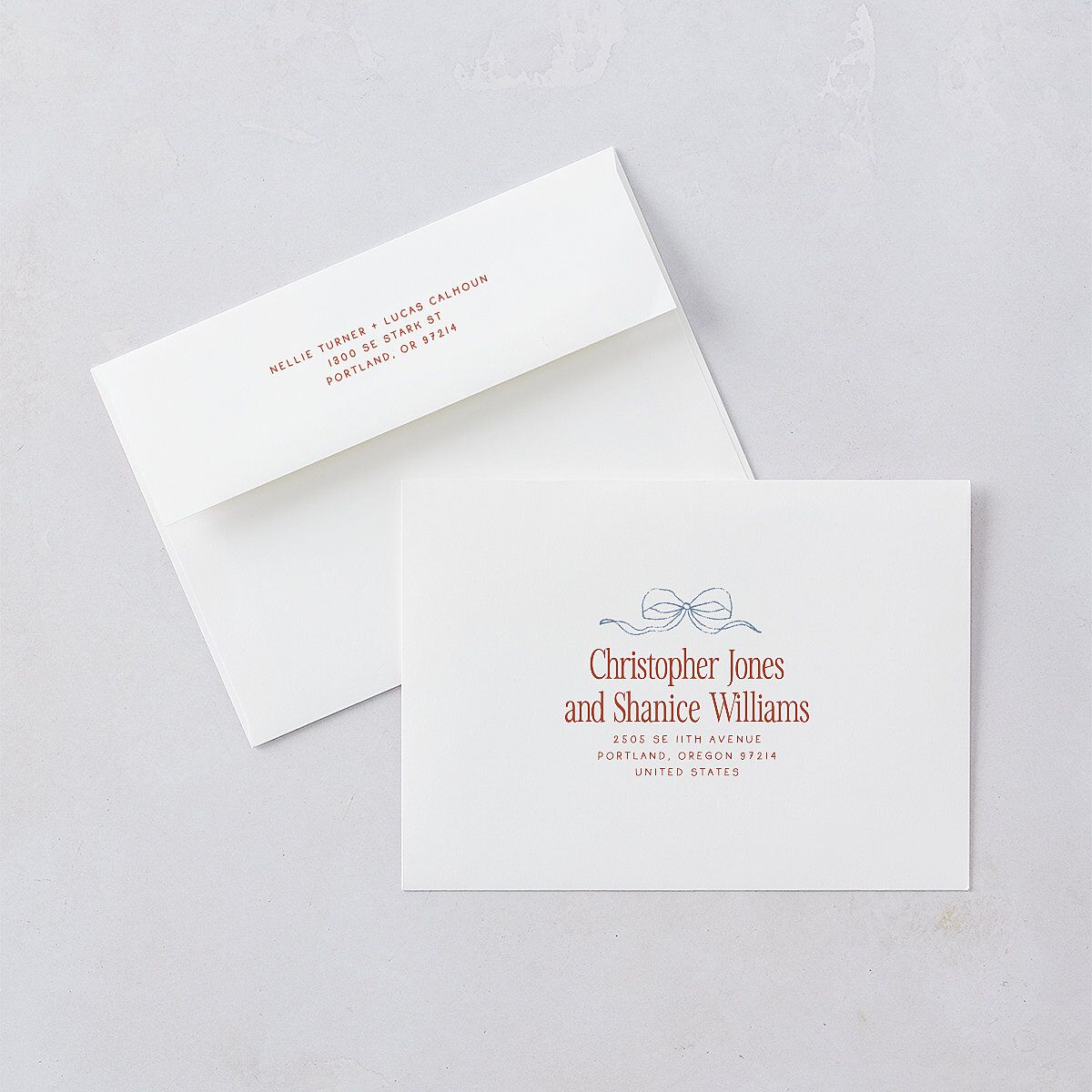 Modern Delicate Bows Wedding Invitation Envelopes Jewel Red White Both Recipient and Return Addresses Standard Signature