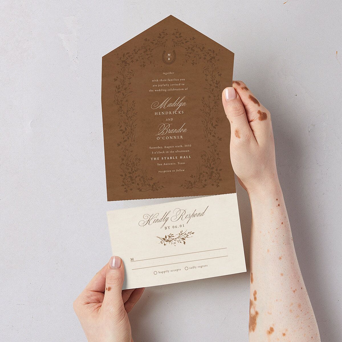 Western Horseshoe Botanical All-in-One Wedding Invitations Mocha Signature Light Both Recipient and Return Addresses No