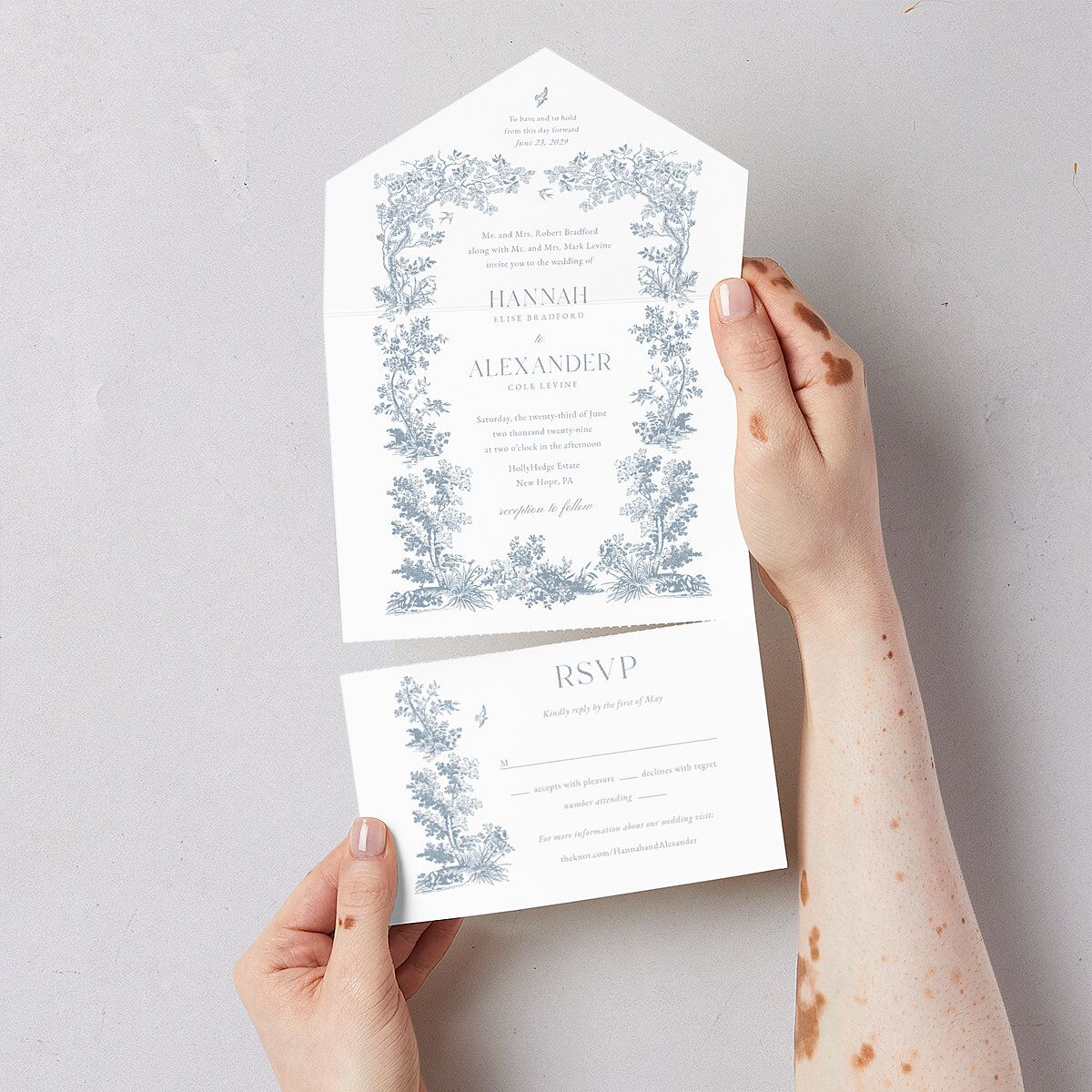 Dusty Blue Regency Toile All-in-One Wedding Invitations Dusty Blue Signature Light Both Recipient and Return Addresses No