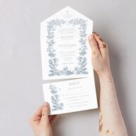 Dusty Blue Regency Toile All-in-One Wedding Invitations Dusty Blue Signature Light Both Recipient and Return Addresses No