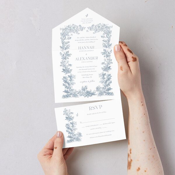Dusty Blue Regency Toile All-in-One Wedding Invitations Dusty Blue Signature Light Both Recipient and Return Addresses No