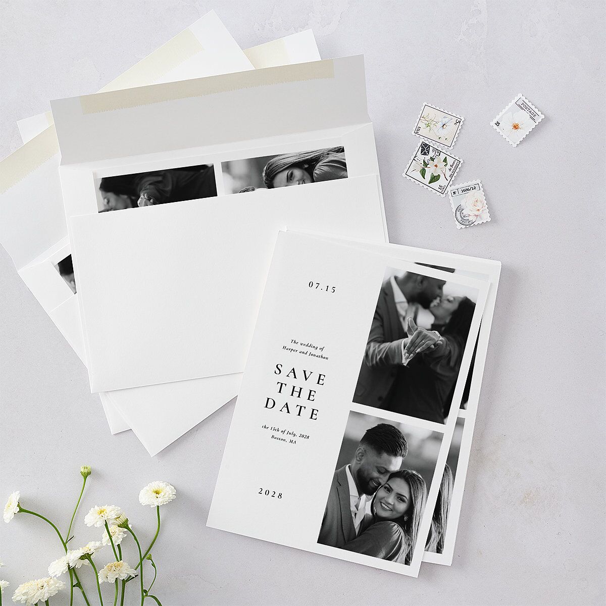 Editorial Monogram Photo Save the Date Cards Pure White Signature smooth Blank No Standard