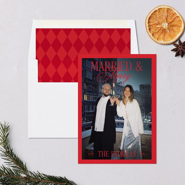 Retro Classic Newlywed Photo Holiday Cards Scarlet Signature Blank Standard