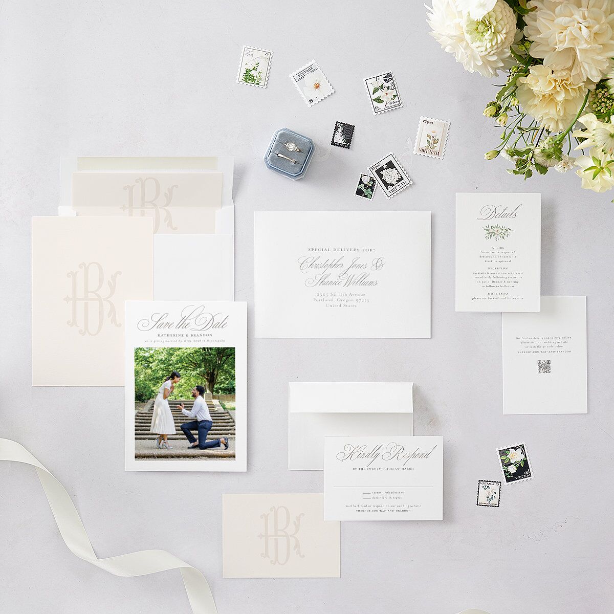 Luxury Floral Monogram Save the Date Cards Cotton Signature smooth Blank No Standard