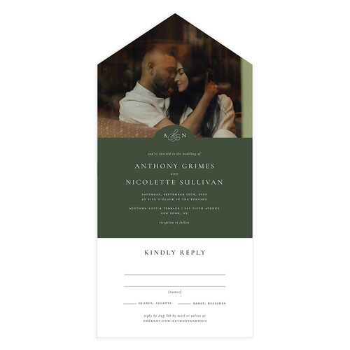 Elegant Photo Monogram All-in-One Wedding Invitations Hunter Green Signature Light Both Recipient and Return Addresses No