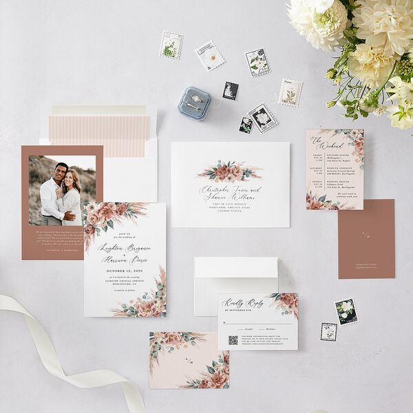 Pampas and Eucalyptus Floral Wedding Invitations Desert Rose Signature Blank No Standard