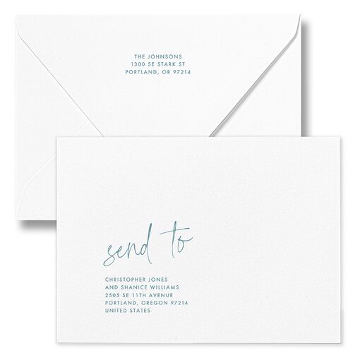Our Greatest Gift Wavy Bow Frame Holiday Card Euro Envelopes White Sea Blue Both Recipient and Return Addresses Luxe Signature