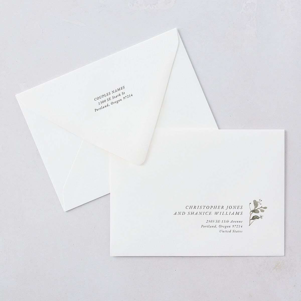 Curved Garland Wedding Invitation Euro Envelopes White Champagne Both Recipient and Return Addresses Luxe Signature