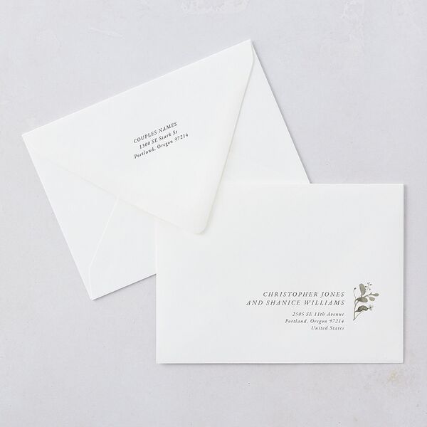 Curved Garland Wedding Invitation Euro Envelopes White Champagne Both Recipient and Return Addresses Luxe Signature
