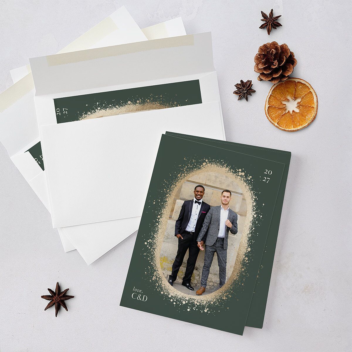 Ring in the New Year Holiday Cards Gold Dark Emerald Signature Blank Standard Portrait