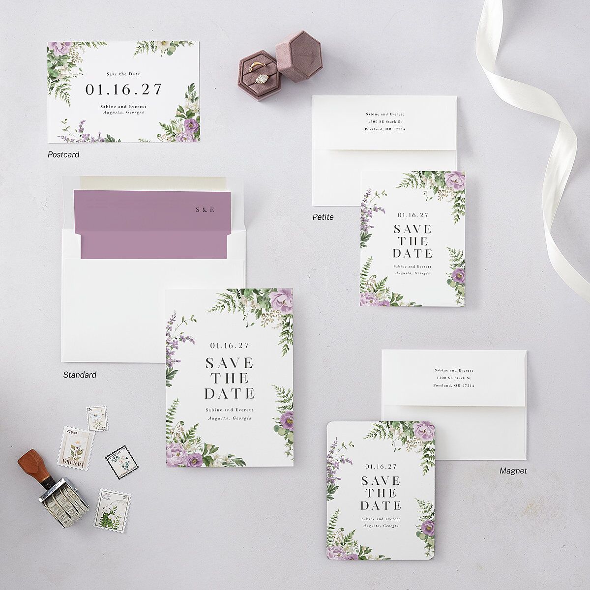 Floral Fern Frame Save the Date Petite Cards Purple Petal Signature smooth Blank No Standard