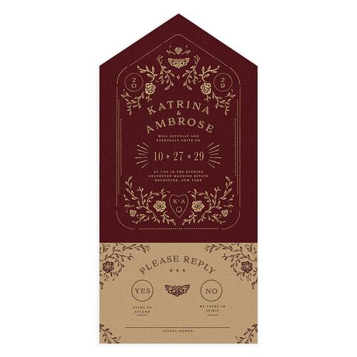 Skeleton Spirits All-in-One Wedding Invitations Burgundy Signature Light Both Recipient and Return Addresses No