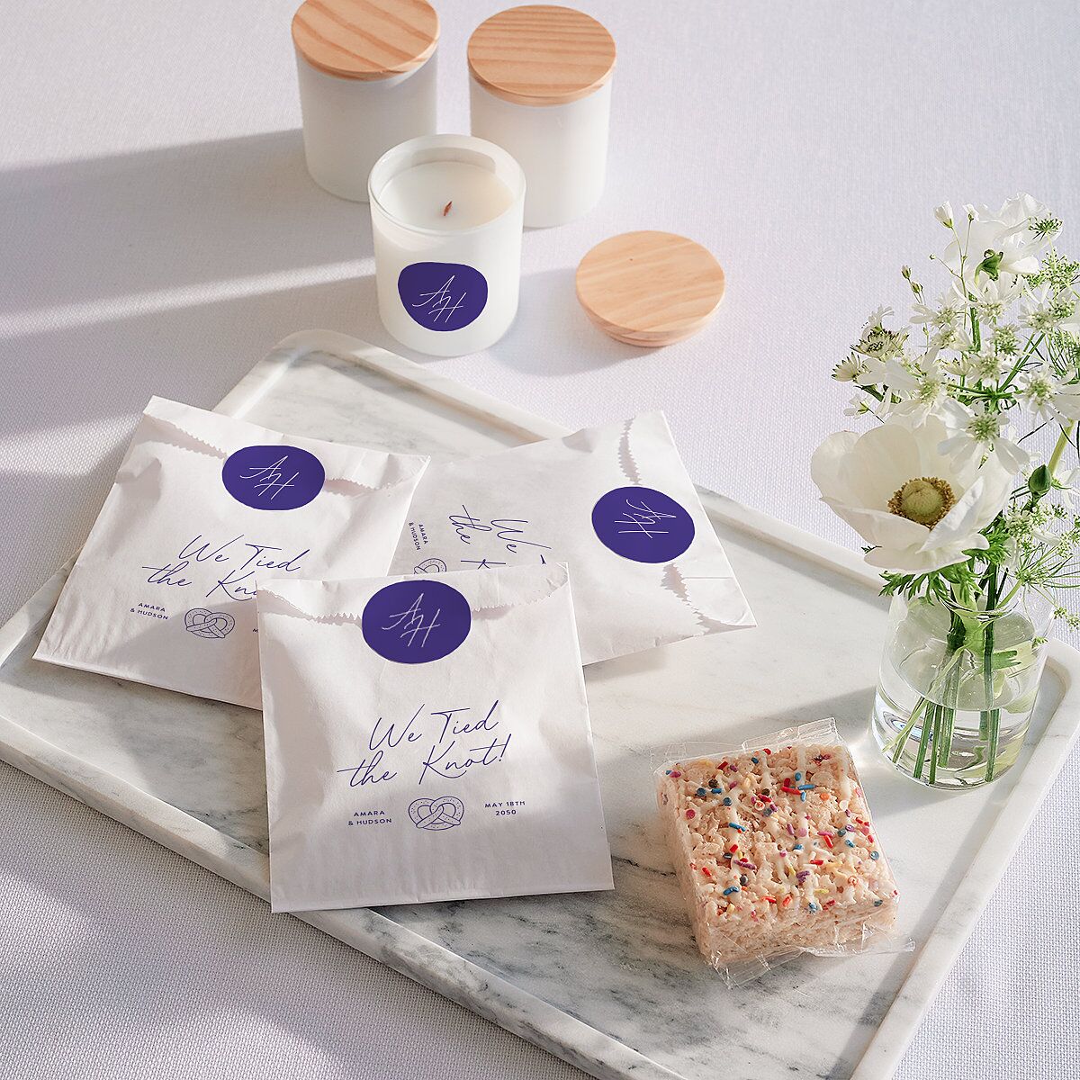 Hand Drawn Wavy Border Wedding Day Paper Favor Bags White Sapphire Wax-Lined Food Safe Paper