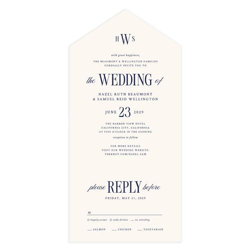 Elegant Wedding Of All-in-One Wedding Invitations Navy Signature Light Both Recipient and Return Addresses No