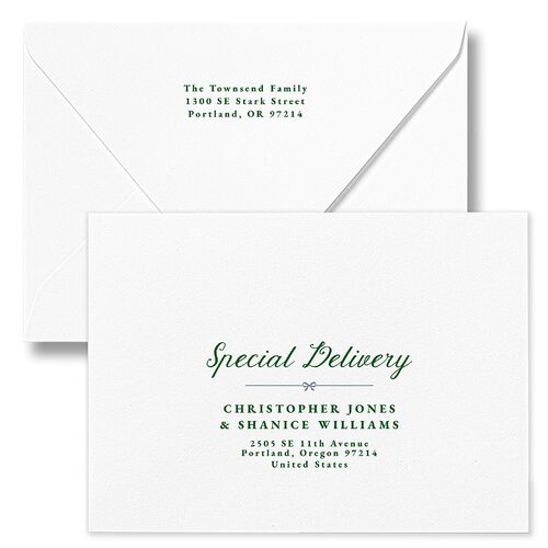 Christmas Bow Pattern Holiday Card Euro Envelopes White Navy Both Recipient and Return Addresses Luxe Signature