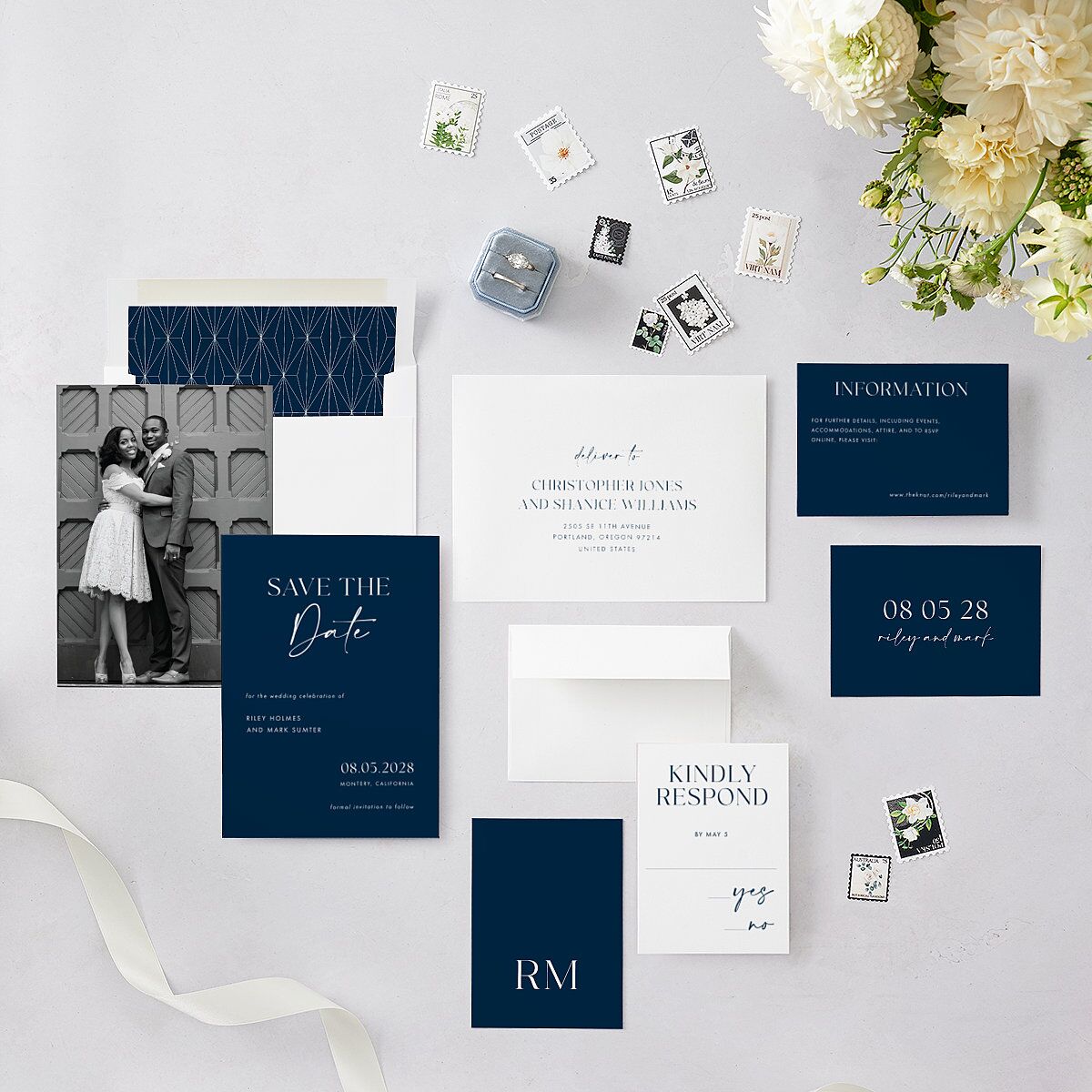 Modern Contrast Save The Date Cards Navy Signature smooth Blank No Standard