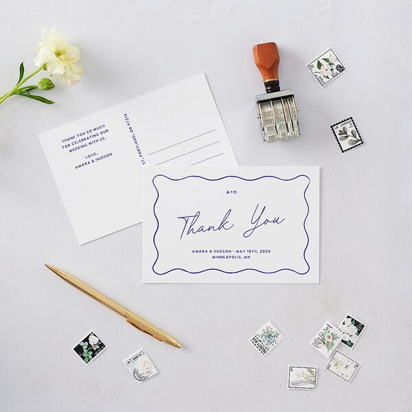 Hand Drawn Wavy Border Thank You Postcards Sapphire