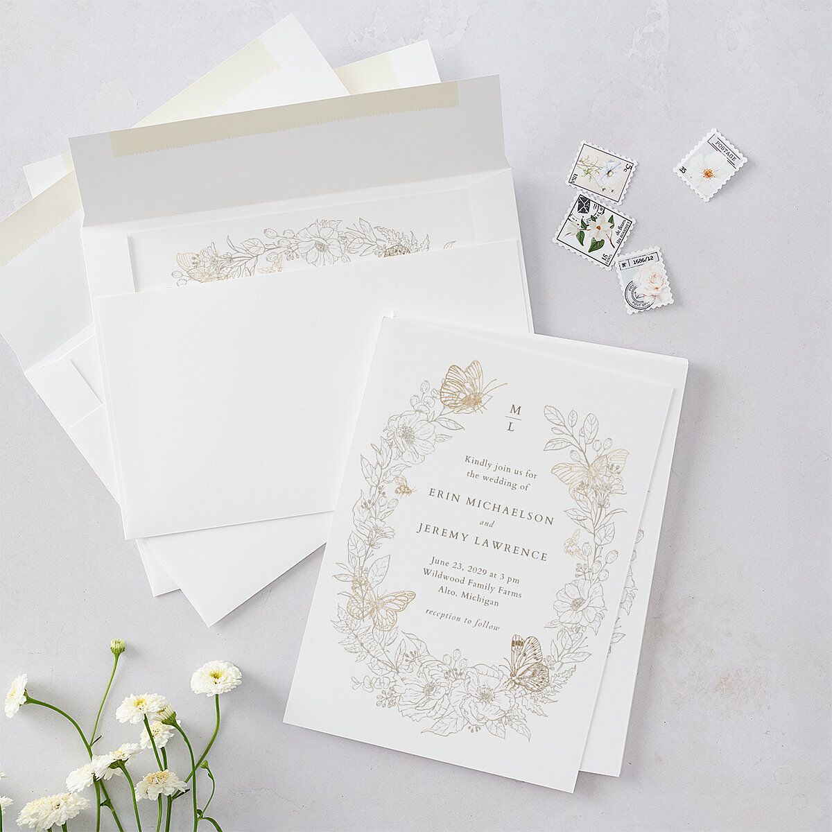 Butterfly Botanical Foil Wedding Invitations Gold Pure White Signature Blank No Standard