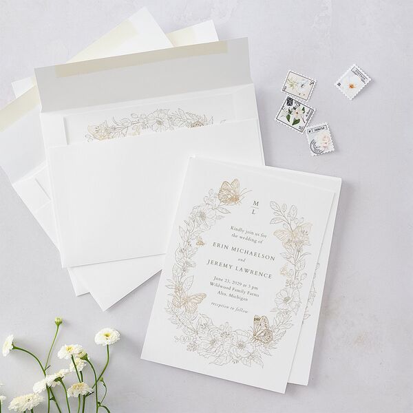 Butterfly Botanical Foil Wedding Invitations Gold Pure White Signature Blank No Standard