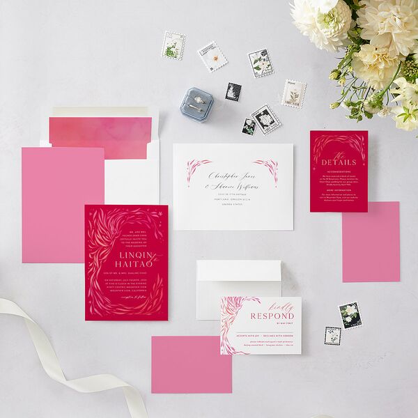 Chinese Phoenix Fenghuang Wedding Invitations Rose Pink Signature Blank No Standard