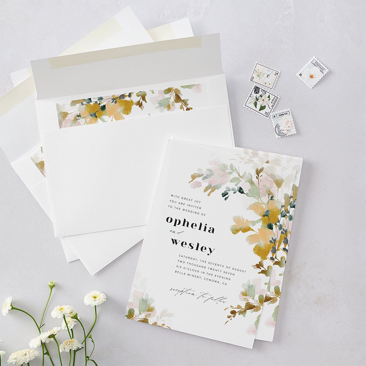 Watercolor Blooms Wedding Invitations Solar Power Signature Blank No Standard