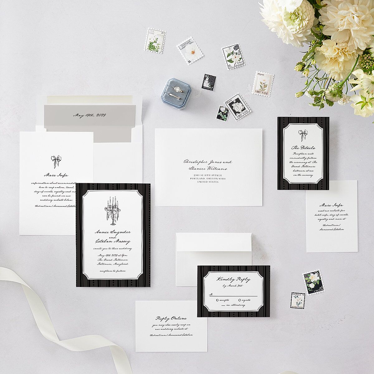Vintage Candelabra with Bow Wedding Invitations Charcoal Signature Blank No Standard