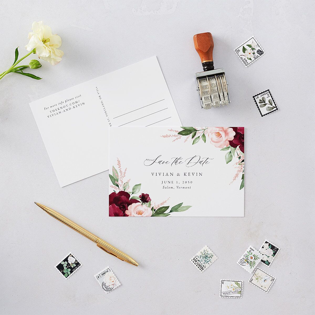 Beloved Floral Save the Date Postcards Dark Berry