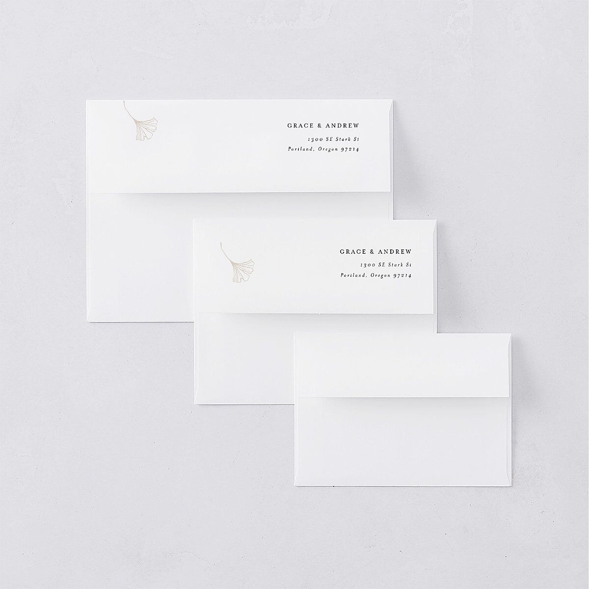 Ginkgo Leaves Save The Date Card Envelopes White Champagne Both Recipient and Return Addresses Signature Standard