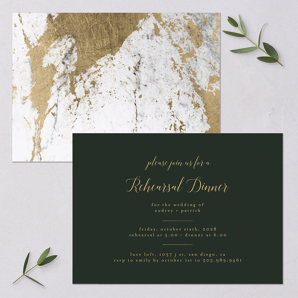 Marble and Gold Rehearsal Dinner Invitation Dark Emerald Signature Blank