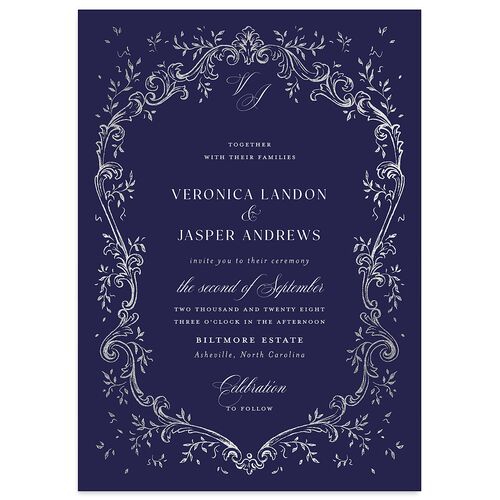 Formal Opulent Frame Foil Wedding Invitations Royal Blue Silver No Signature Blank Standard