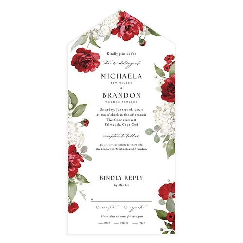 Elegant Peonies and Hydrangeas All-in-One Wedding Invitations Dark Berry Signature Light Both Recipient and Return Addresses No