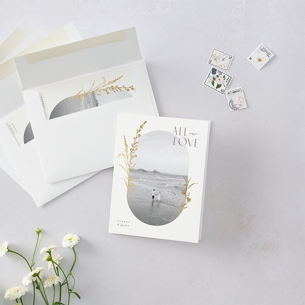 Minimal Wildflower Thank You Cards Gold Off-White