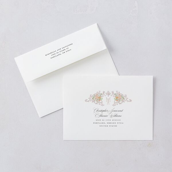 Elegant Floral Regency Wedding Invitation Envelopes White Pink Cotton Both Recipient and Return Addresses Standard Signature