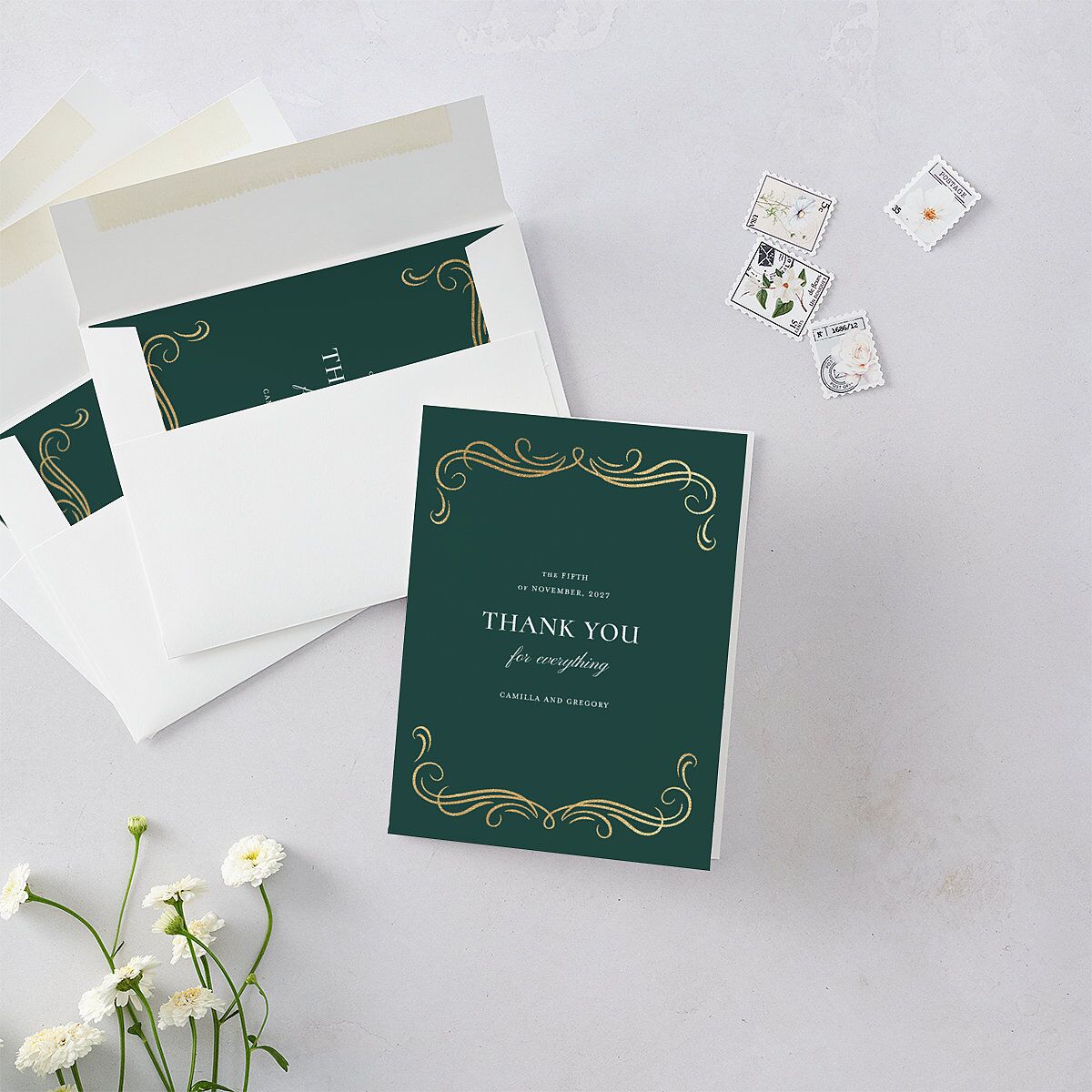 Antique Fairytale Foil Thank You Cards Gold Dark Emerald