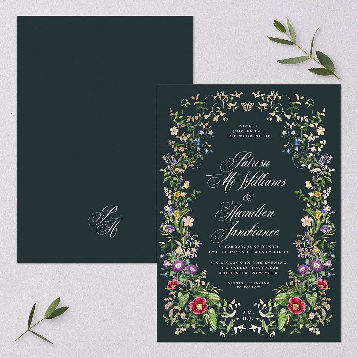 Opulent Garden Foil Wedding Invitations Gold Dark Emerald Signature Blank No Standard