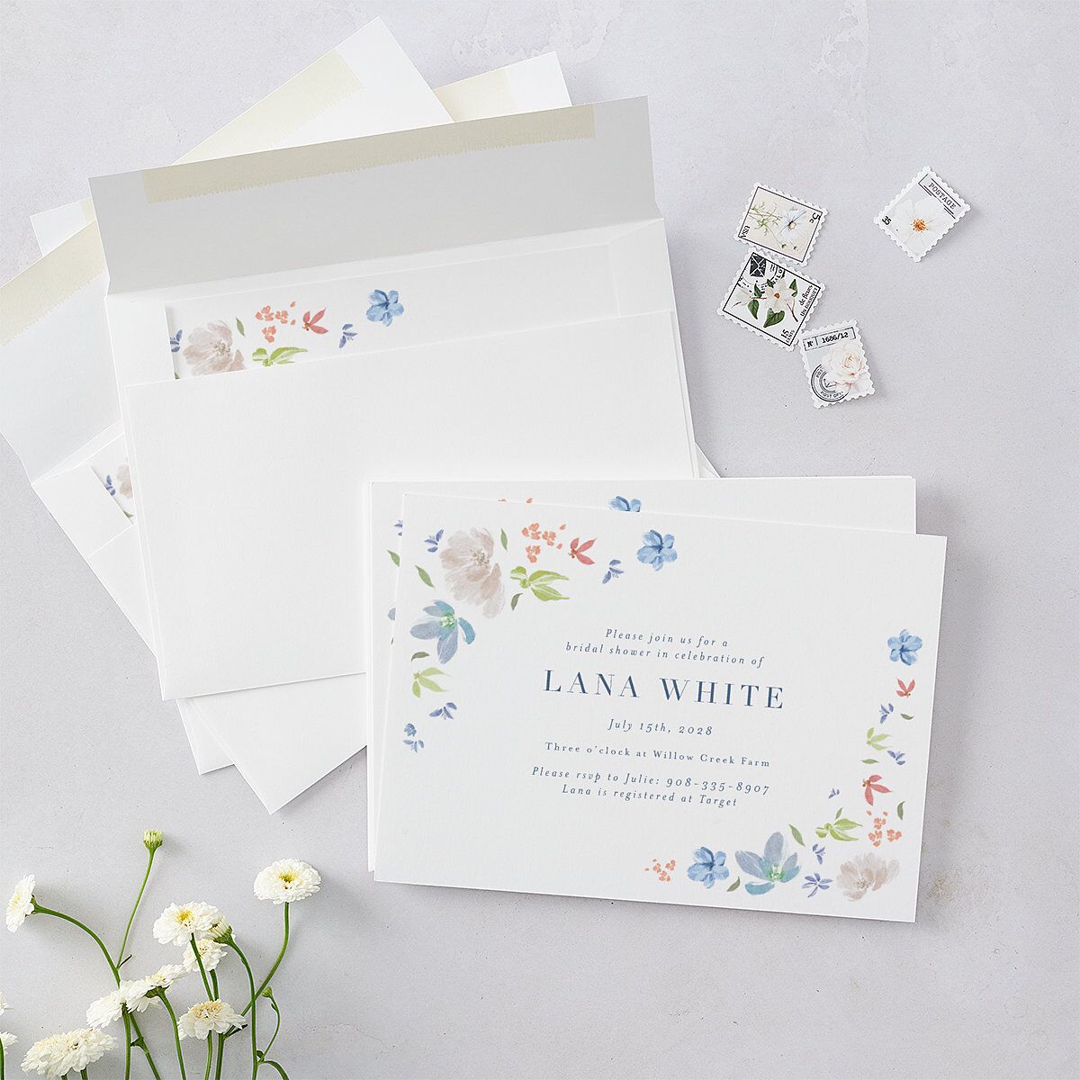 Floral Appliqué Bridal Shower Invitations Slate Signature Blank Standard