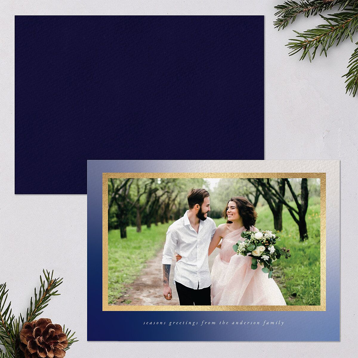 Holiday Hues Holiday Cards Gold Navy Signature Blank Landscape Standard