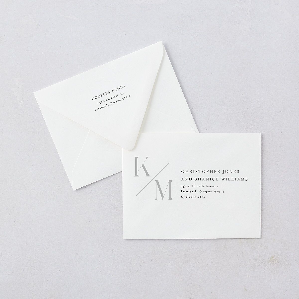 Monogram Slant Save the Date Petite Card Euro Envelopes White Luxe Licorice Both Recipient and Return Addresses