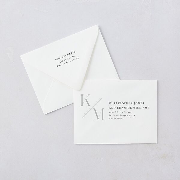 Monogram Slant Save the Date Petite Card Euro Envelopes White Luxe Licorice Both Recipient and Return Addresses