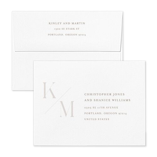 Monogram Slant Thank You Card Envelopes White Fawn Both Recipient and Return Addresses Signature Standard