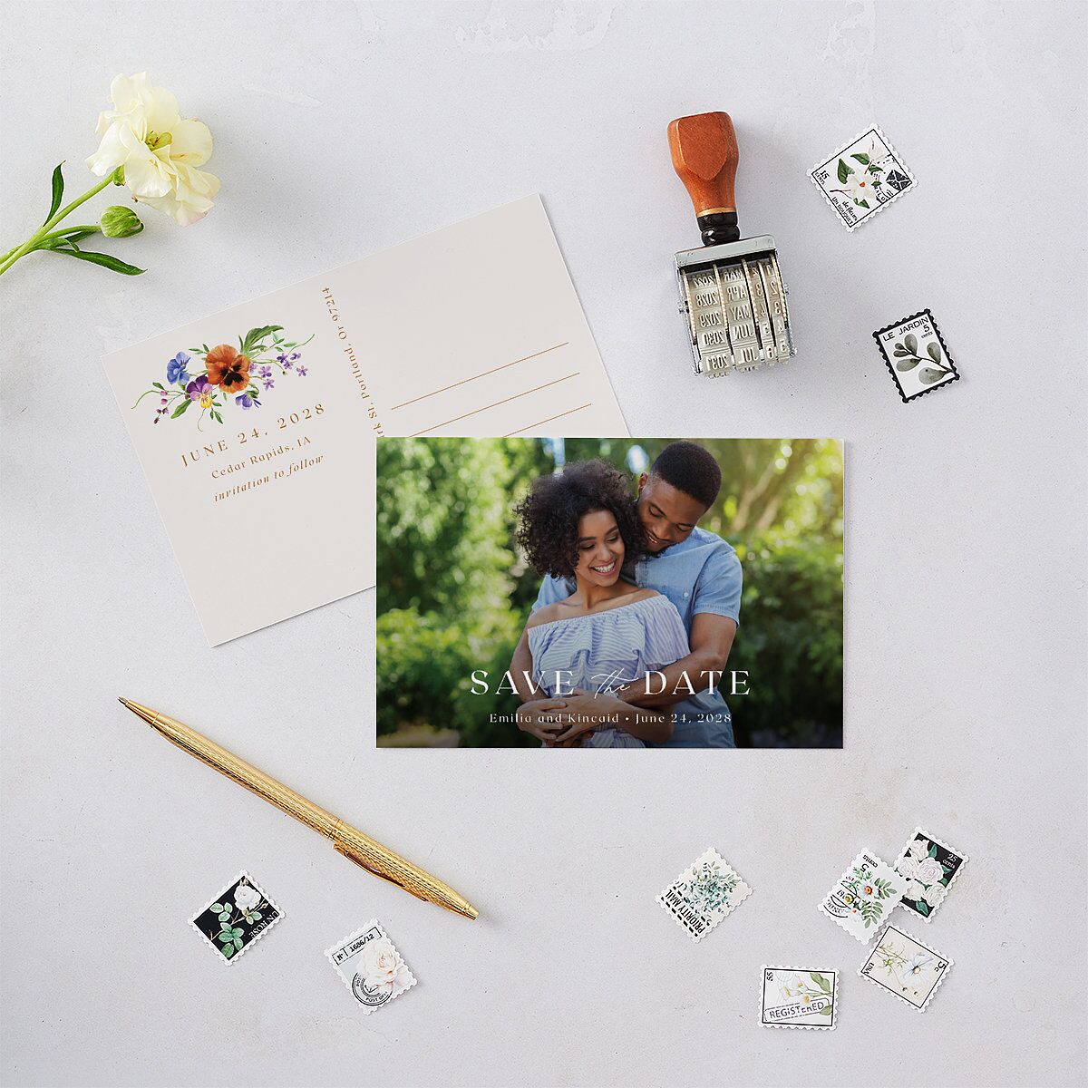 Wild Pansies Save the Date Postcards Rose Gold