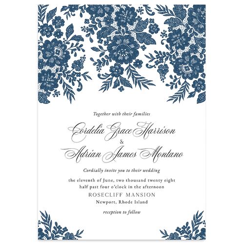 Ornate Lace Wedding Invitations Navy Signature Blank No Standard